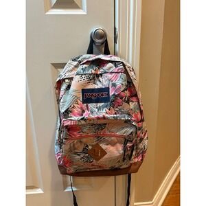 JanSport City View Backpack Tropical Floral Pink Brown Faux Leather JS0A3P3U